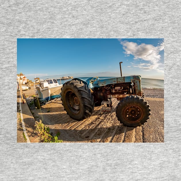 Fisheye view of a tractor, trailer and fishing boat on Cromer Beach on the North Norfolk Coast by yackers1